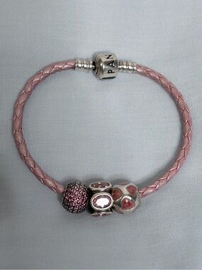 Pandora Pink Braided Leather Bracelet with Pink and Silver Charms